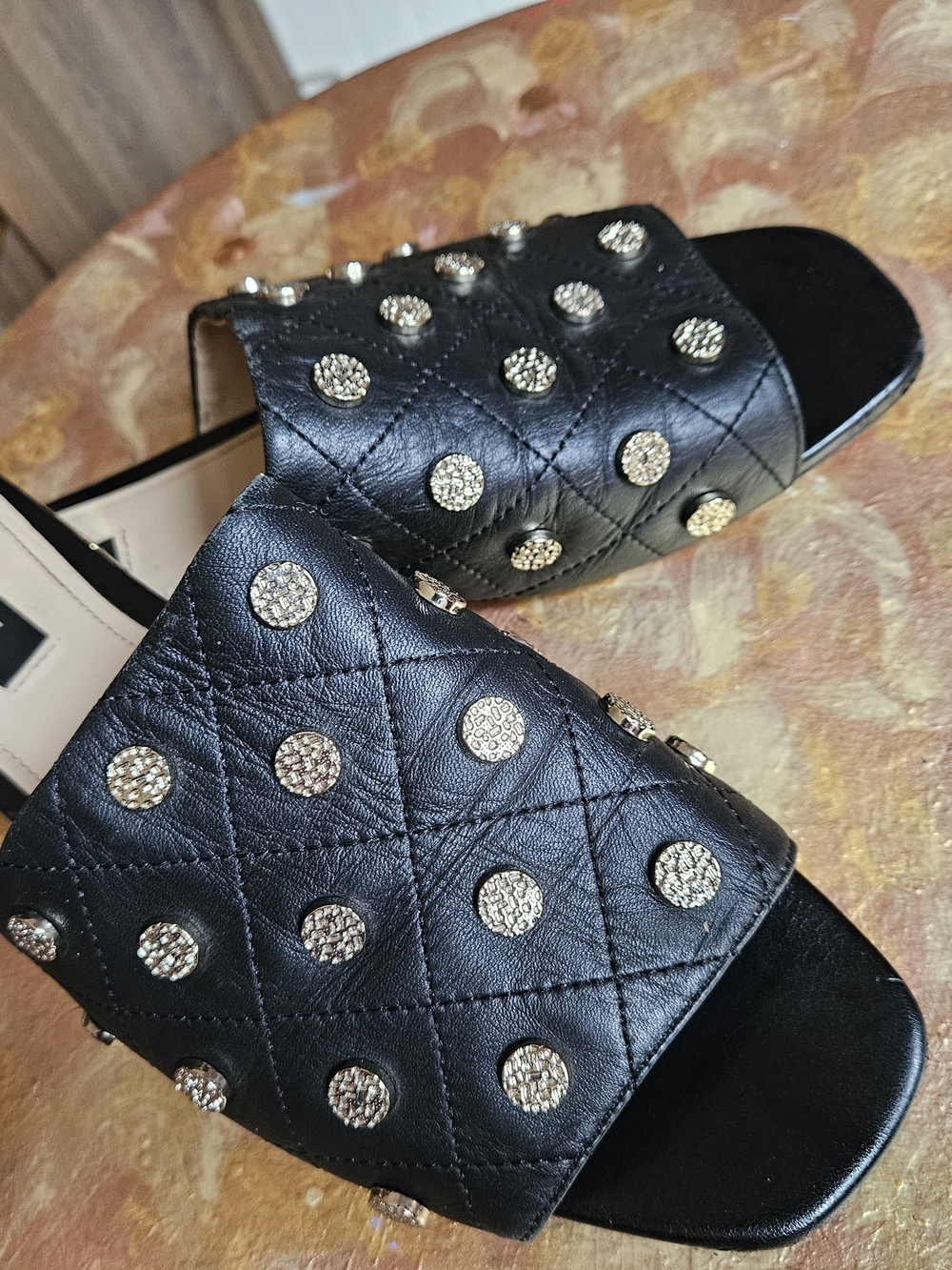 DKNYC Black Quilted Slide Mules with Gold Studs Women 10